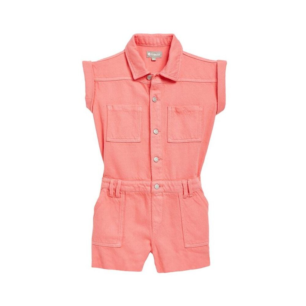 Tractr Girls Jeans Cargo Romper With Patch Pocket, Pink